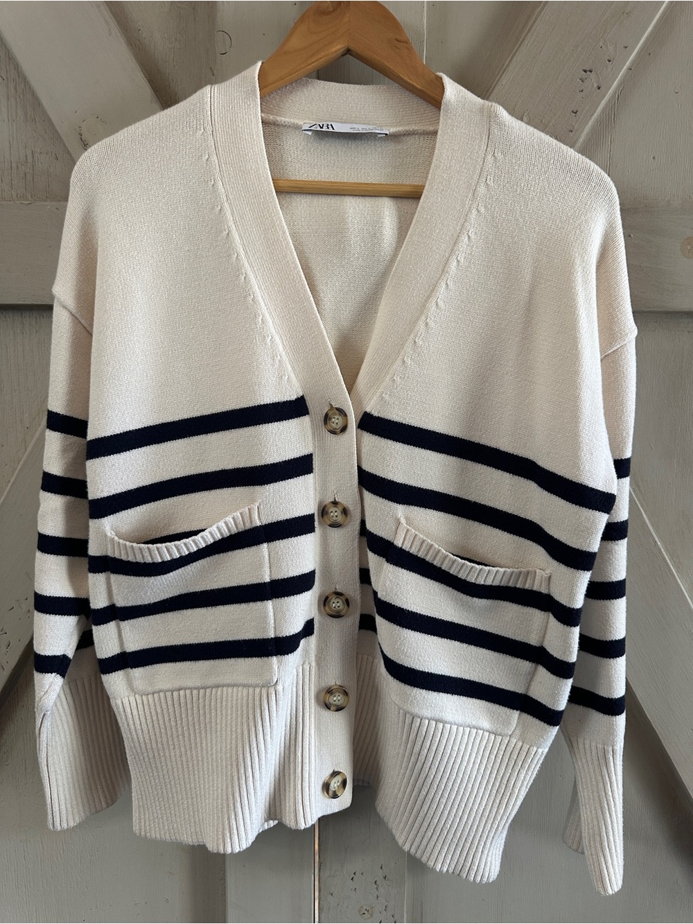 Zara Cream Navy Striped Knit Cardigan Sweater S